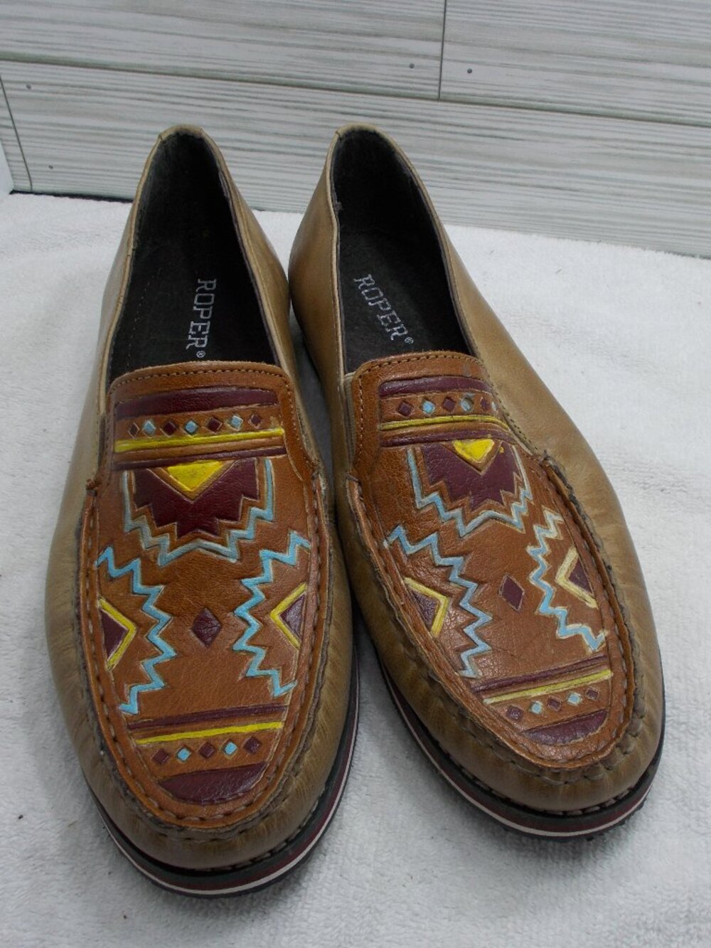 Roper Women's 9.5 Pocahontas Tan Leather Aztec Print Slip-On Loafer Shoes - Picture 2 of 4